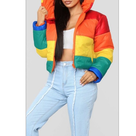 Jackets & Blazers - Rainbow Striped Puffer Coat 70's Throwback